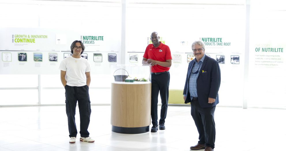 CSM Dean Dr. Christorpher Meyer, Biochemistry Major Aaron Asparin and Ramsey Jay Jr at Nitrilite plant. | Photo by Maurice Ndole