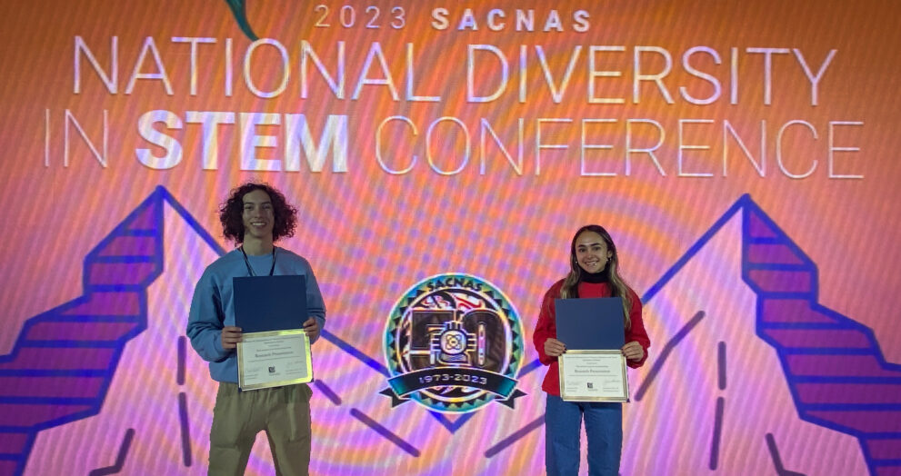 Benjamin Awad and Keyara Piri display their presentation award certificates won and the SACNAS Conference.
