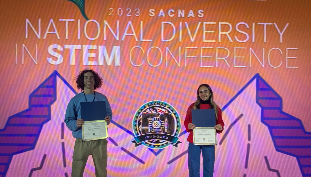 Benjamin Awad and Keyara Piri display their presentation award certificates won and the SACNAS Conference.