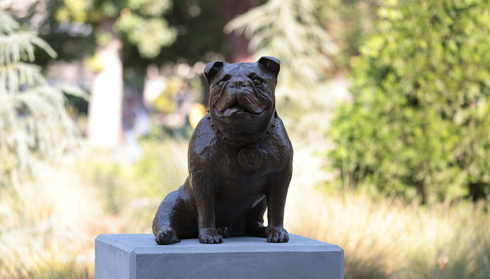 Victor E. Bulldog III statue in front of the Resnick Student Union.